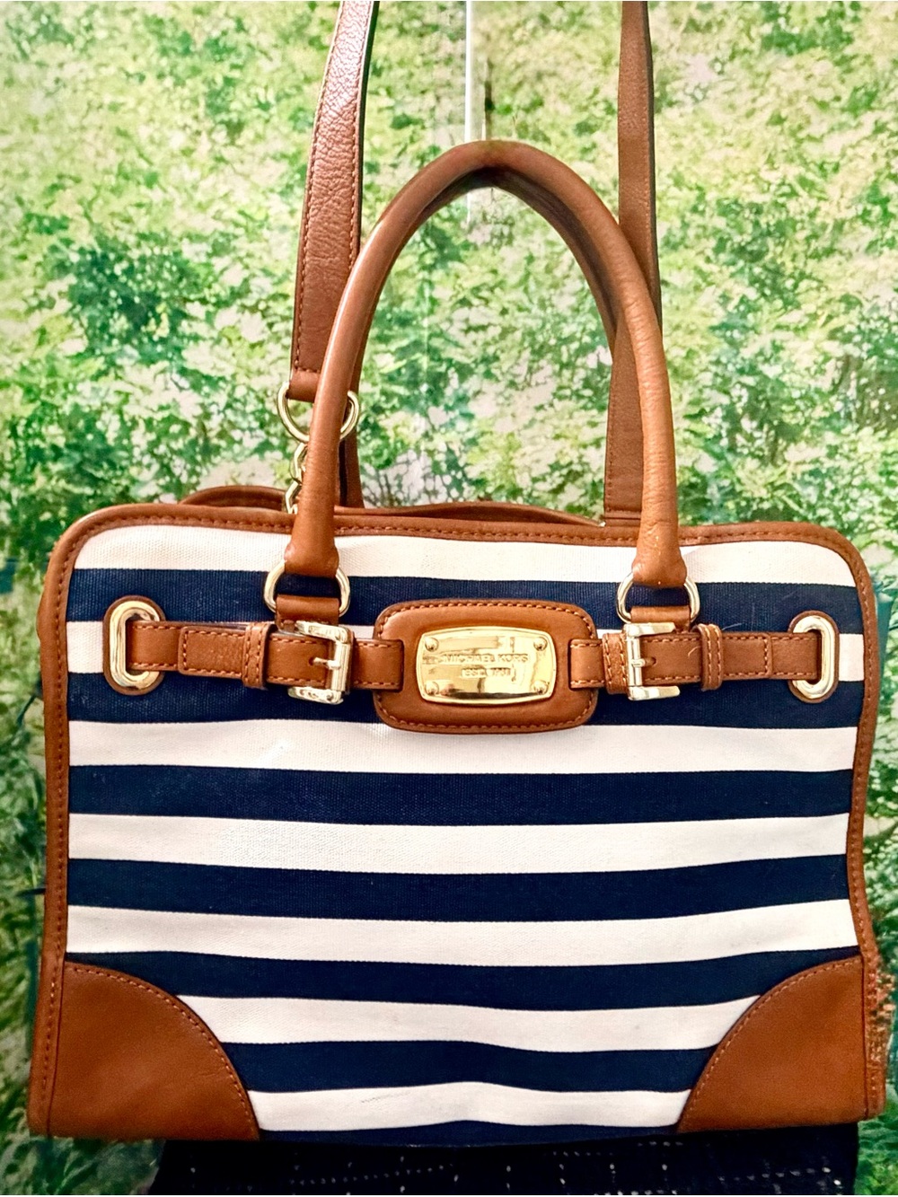 Michael Kors Navy and White Striped Satchel with Tan Trim